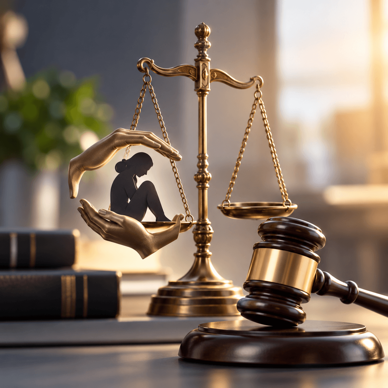 Une balance de justice dont l'un des plateaux abrite une silhouette protégée par deux mains.